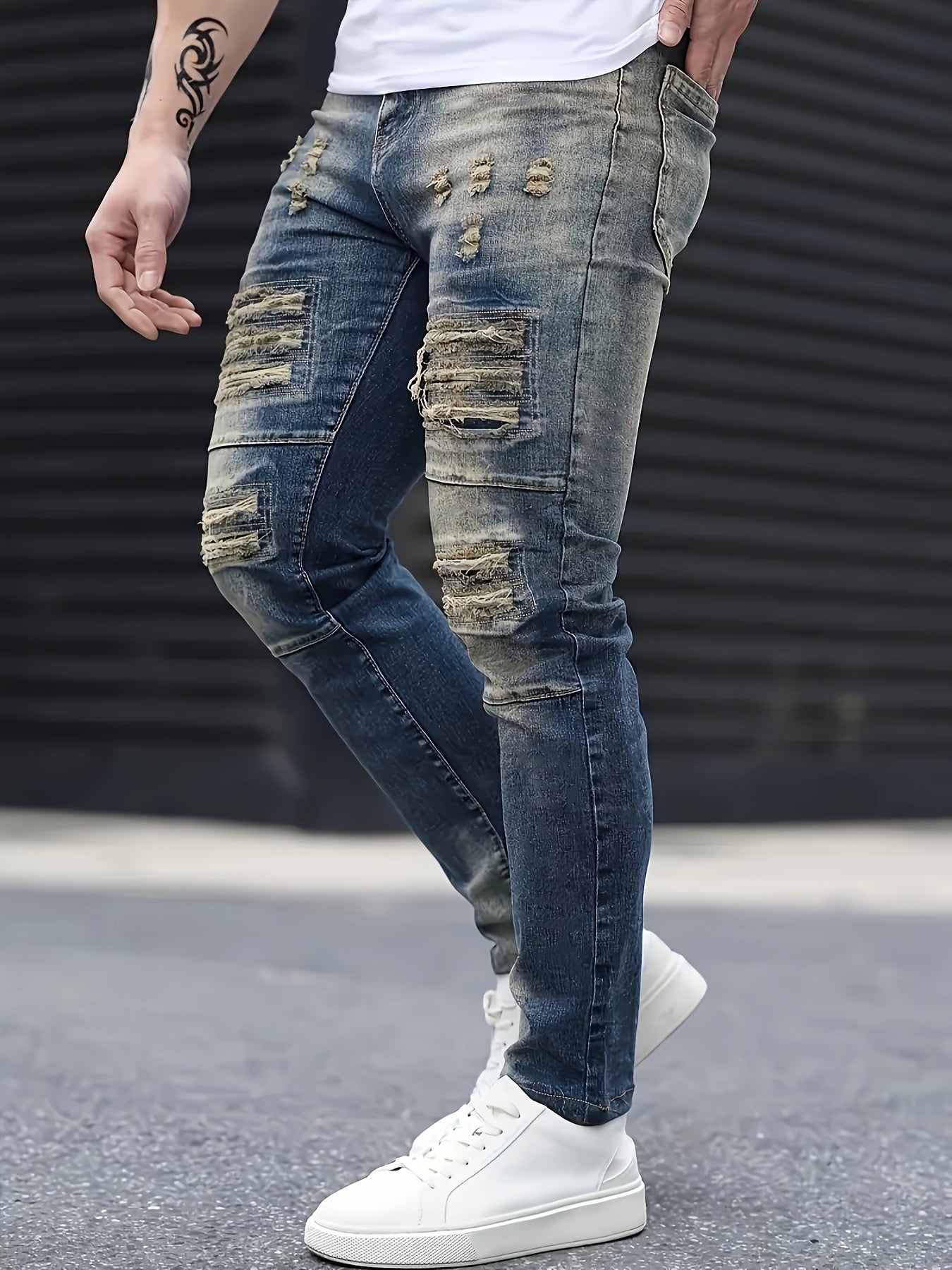 Men’s Slim Fit Stretch Denim Jeans Dark Blue Ripped Design Crafted Distressed Look for All-Season Wear