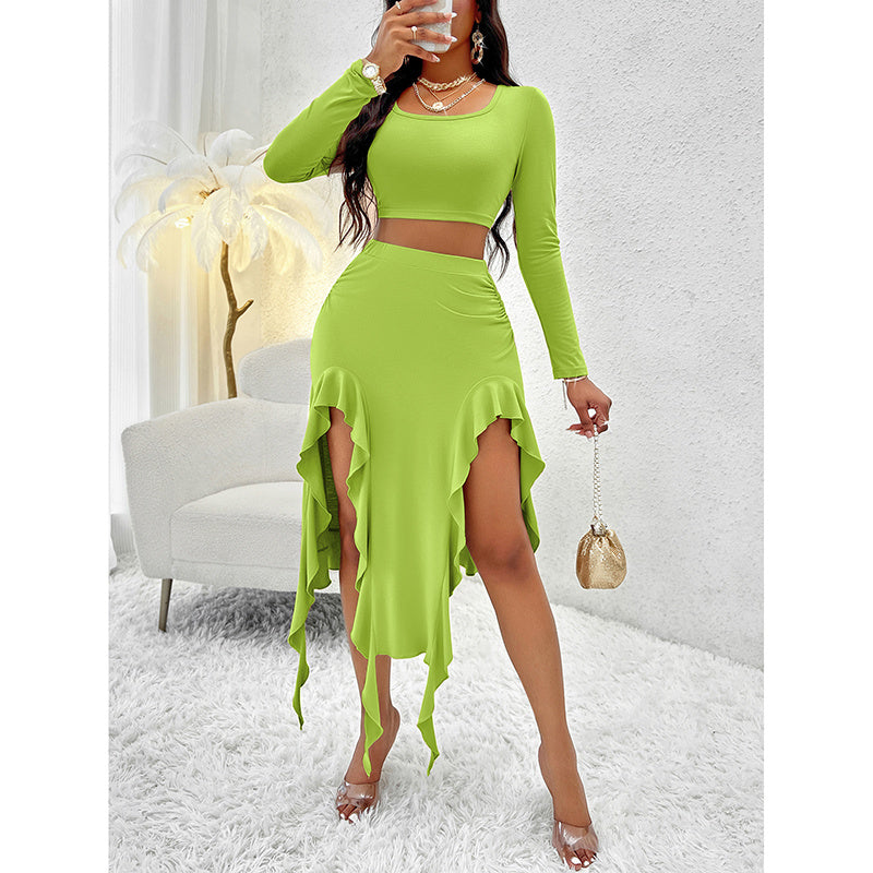 Women Square Neck Skirt and Top Set with Ruffle Trim
