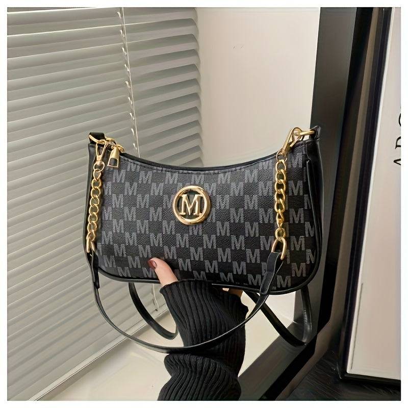 Women’s Vintage Crossbody Bag – Checkered Print, Gold Accents, Detachable Chain, Black & White