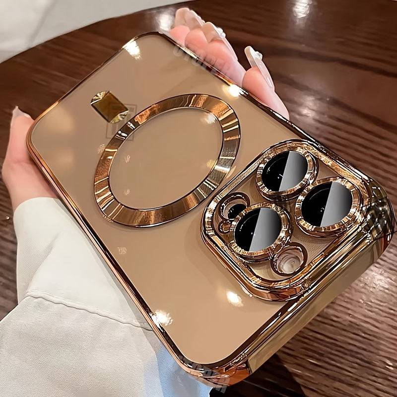 Magnetic iPhone Case with Electroplated Finish – Clear TPU Shockproof Cover with Wireless Charging & Lens Film Protector for iPhone Models