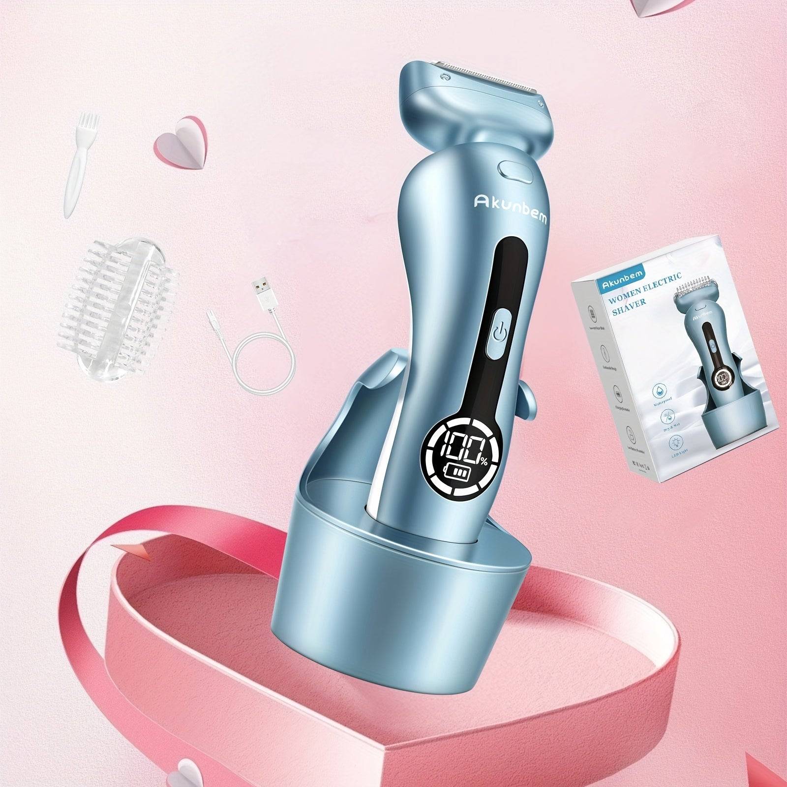 Blue rechargeable electric women’s shaver with gift box and accessories. Ideal for self-care and waterproof grooming on all body areas.