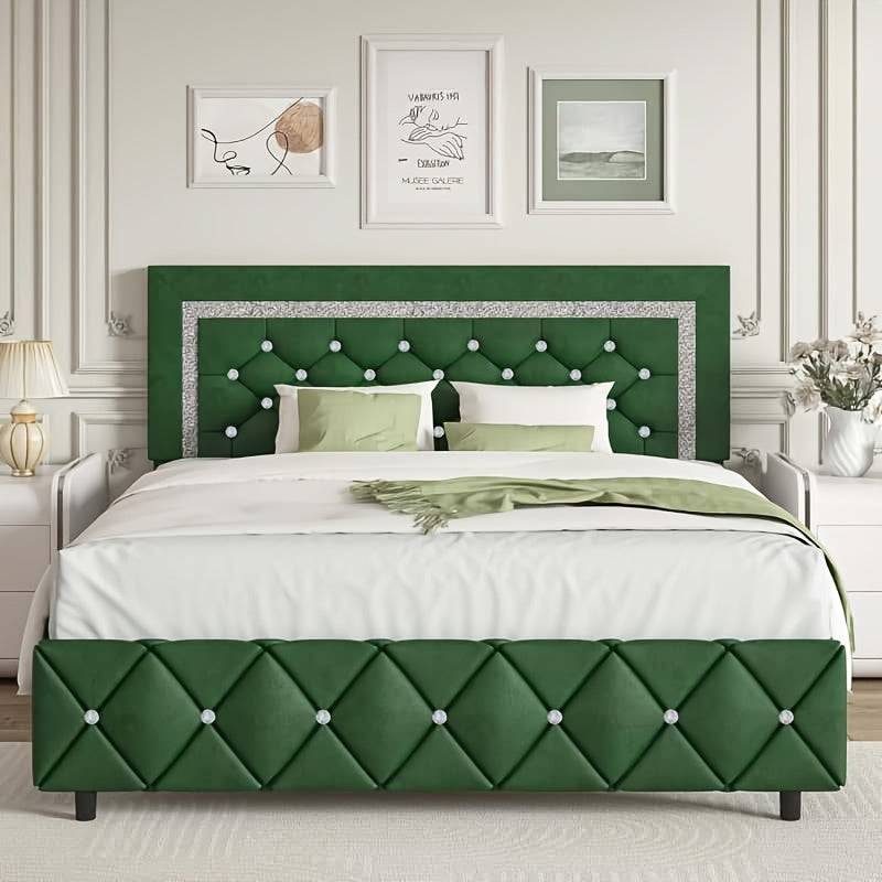 Upholstered Platform Bed Frame with Button Tufted Diamond Headboard, Padded Design, Wooden Slat Support, Easy Assembly