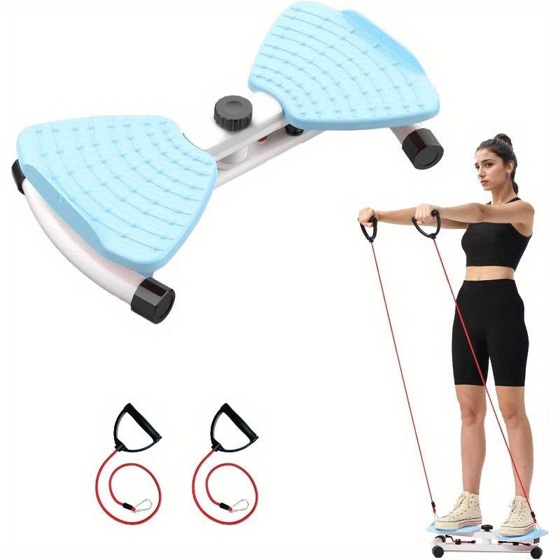 Blue Waist Twist Exercise Machine with resistance bands and woman demonstrating use for waist shaping and core strengthening.