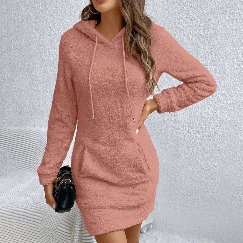 Fuzzy Hoodie Dress With Slim Fit And Front Pocket