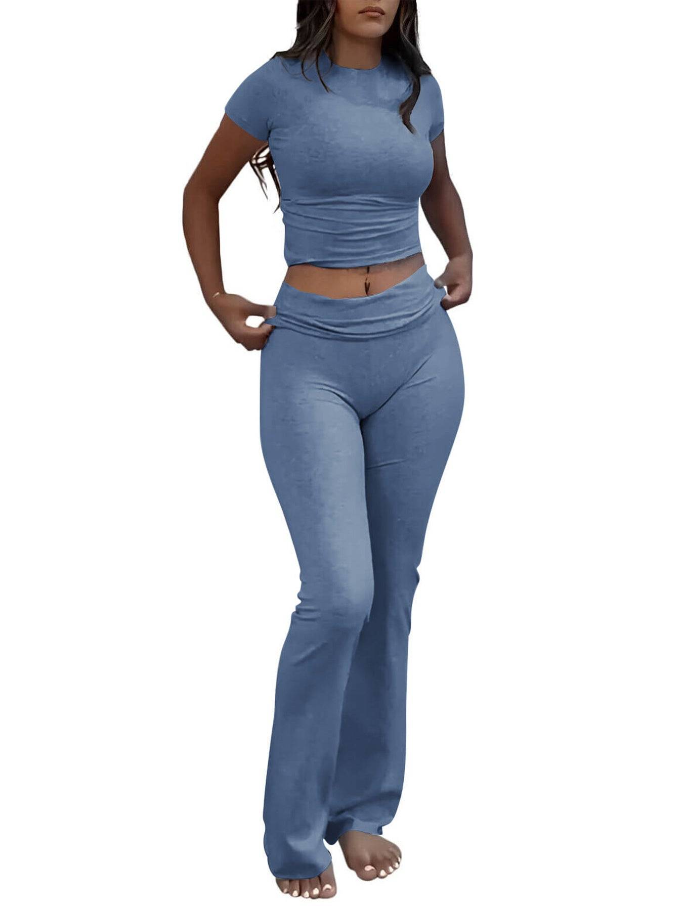 Womens Two Piece Set Slim Fit Crewneck Tee and Flared Pants