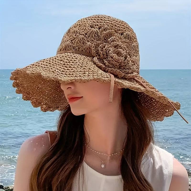 Women's breathable straw bucket hat with floral crochet detail, wide brim sun protection for outdoor and casual wear