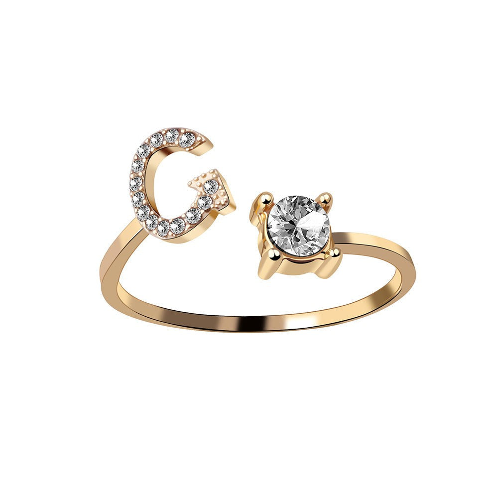 Adjustable Letter Ring with Zircon 26 Initial Design Women