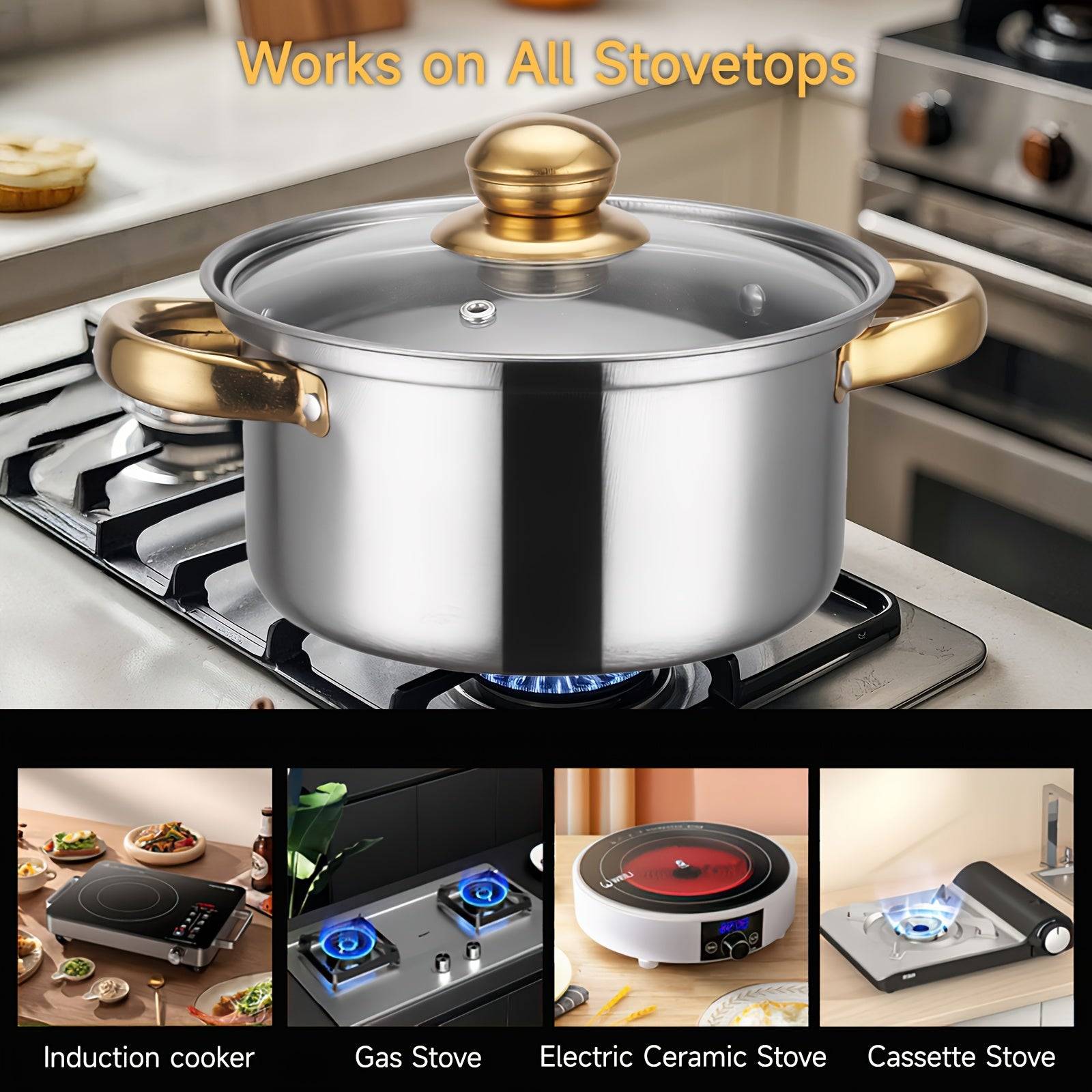 12-Piece Stainless Steel Cookware Set Pots & Pans with Stockpot, Saucepans & Frying Pans Glass Lids, Induction, Gas & Electric Compatible, Dishwasher Safe