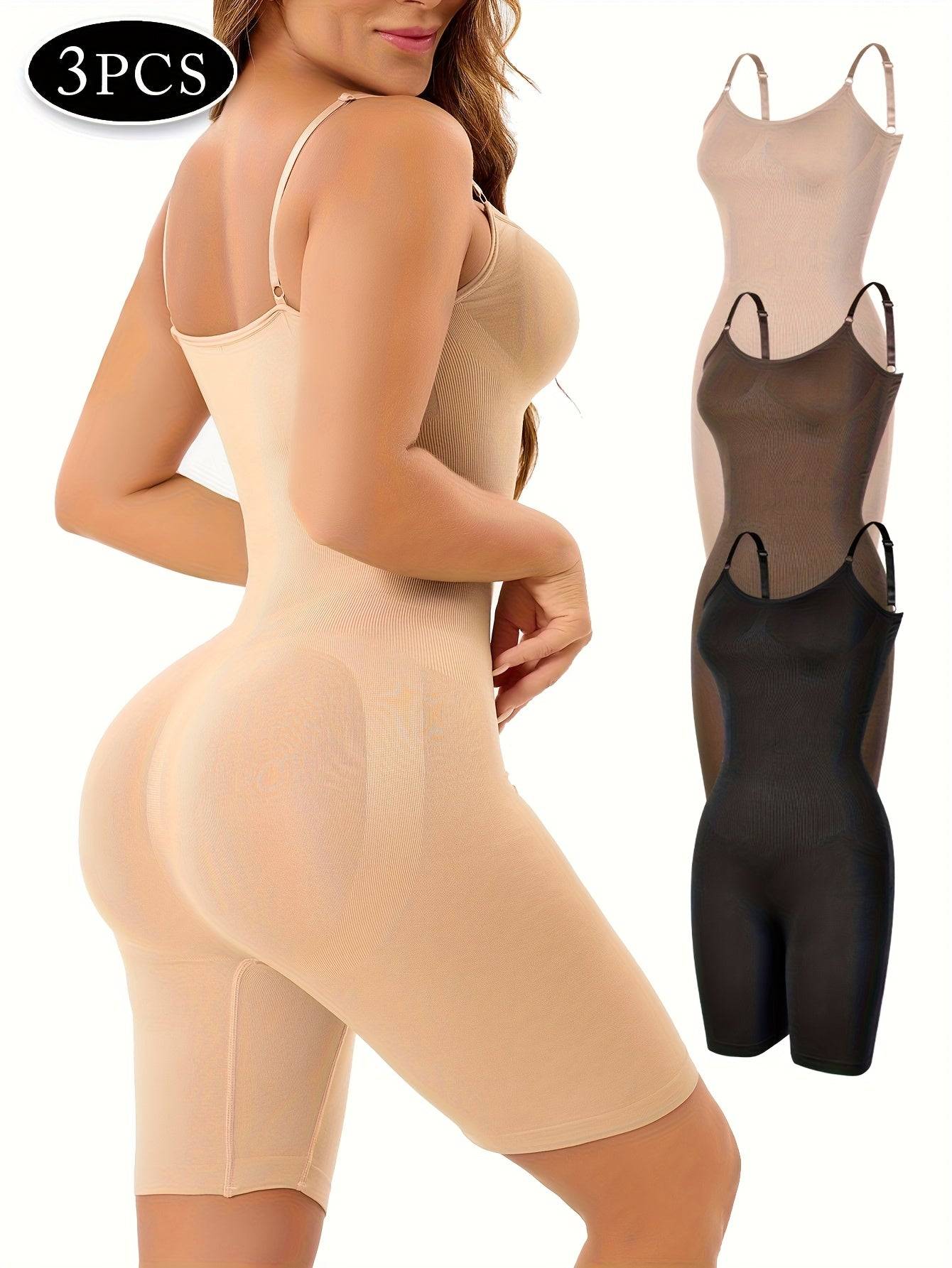 3pcs Women’s Bodycon Shapewear Bodysuits in beige, black, and nude tones with high-waist design for tummy control and hip lift support.