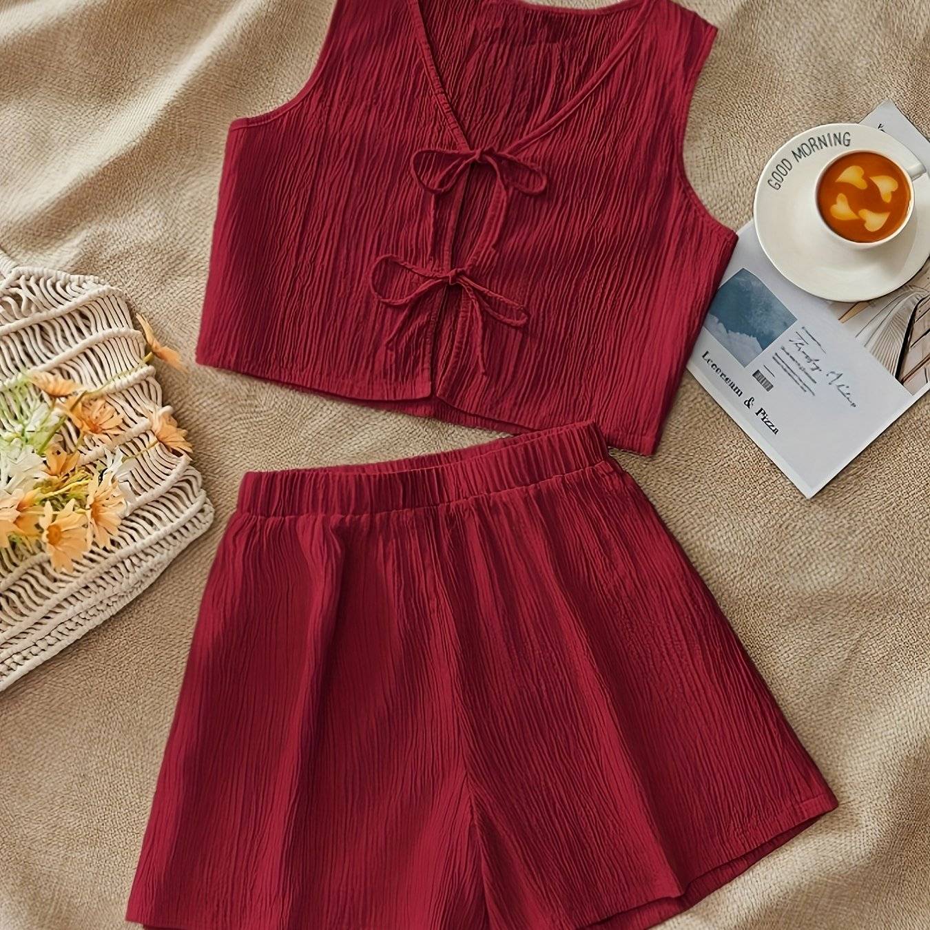 Women’s Casual Two-Piece Set with V-Neck Sleeveless Top & Shorts, Breathable Solid Color Outfit for Elegant Spring & Summer Style