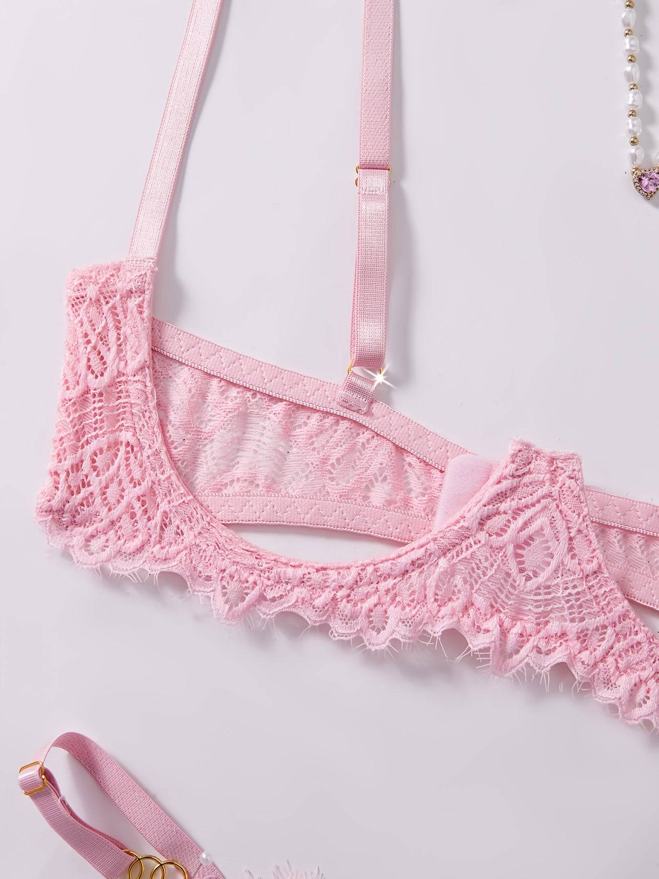 Women's Hollow-Out Lace Lingerie Set – Intricate Design in Red, Pink & White, Comfortable Matching Set