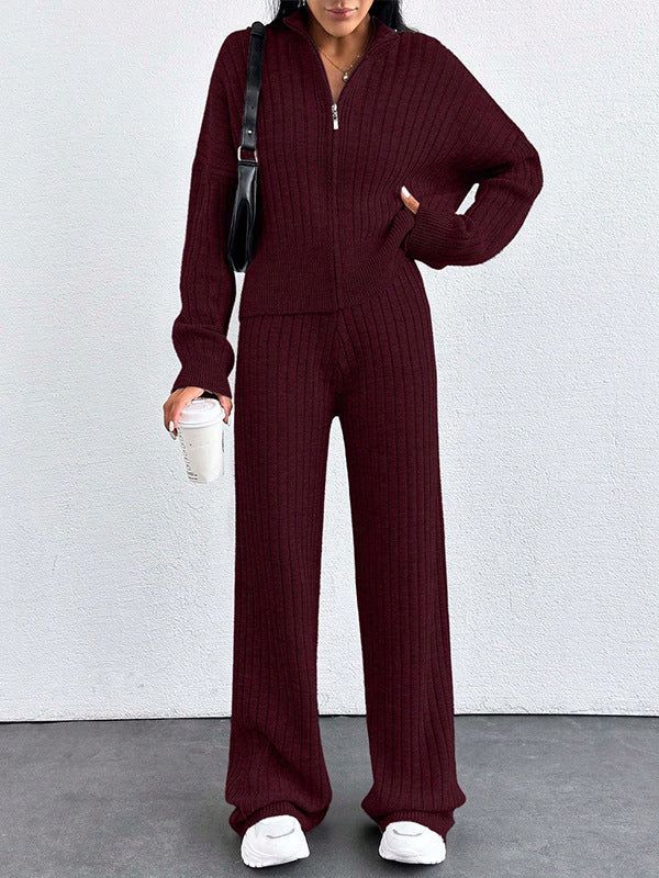 Women's Casual Two-Piece Set for Fall and Winter, Loose Fit Zip-Up Top and Pants