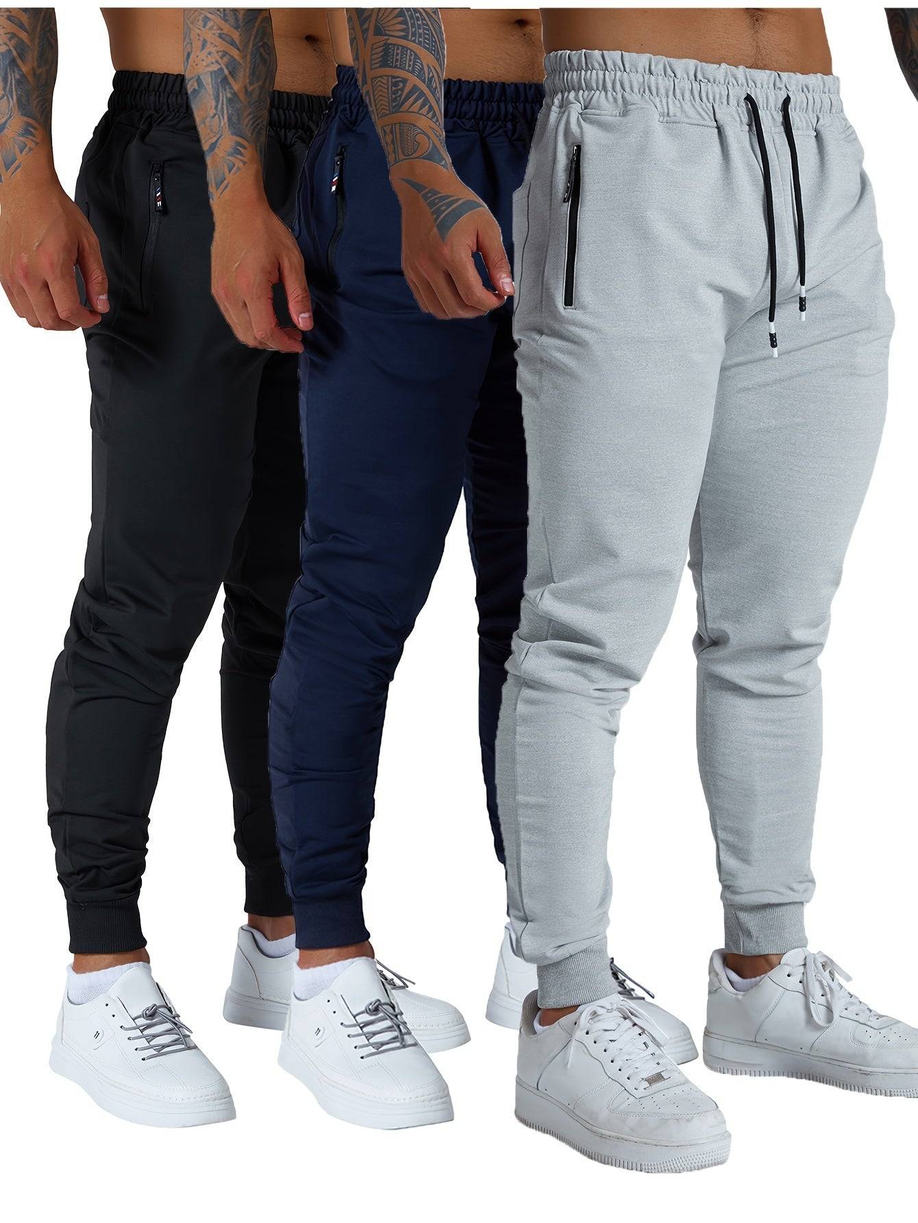3-Pack Men’s Athletic Jogger Pants Tapered Sweatpants with Zipper Pockets for Workout, Running & Jogging