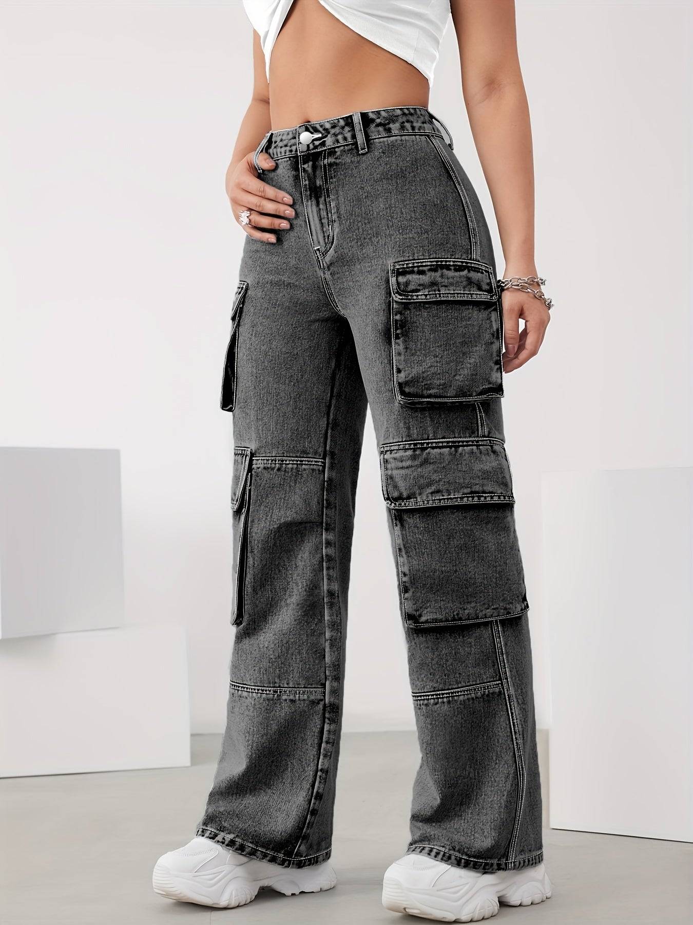 Plus Size Women’s Straight-Leg Jeans Elastic High Waist Dark Gray with Organ Pocket Design