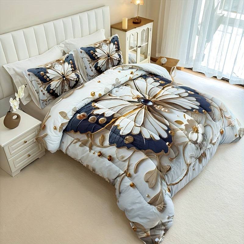 3-Piece Butterfly & Flower Quilt Set – Black & White Digital Print Comforter with Pillowcases