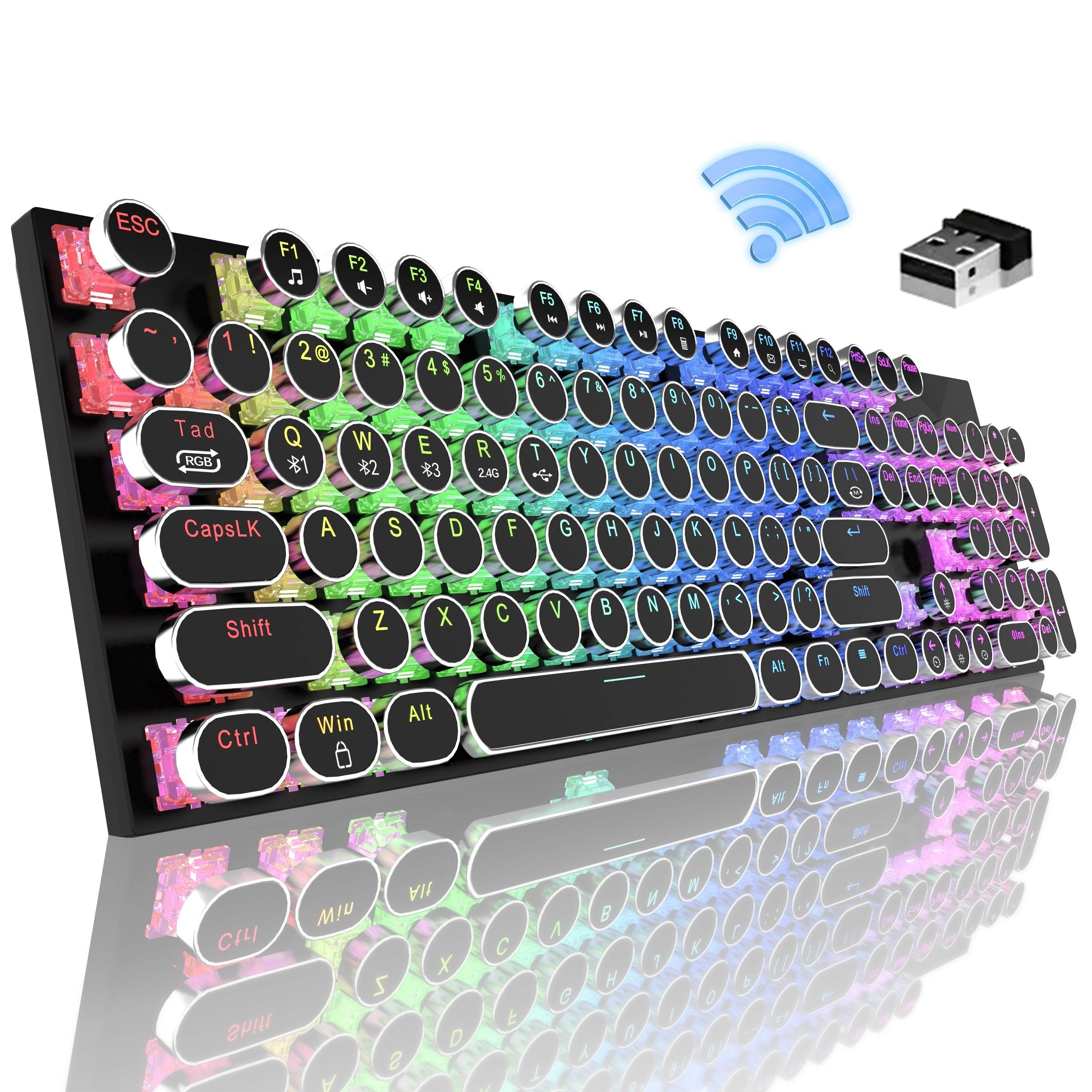 RGB Wireless Mechanical Keyboard with Round Typewriter Keycaps, 104-Key Triple Mode for Win/Mac, Blue Switch