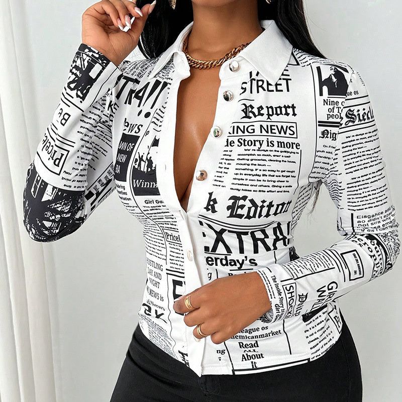 Printed Slim Fit Blouse with Long Sleeves and Single Button