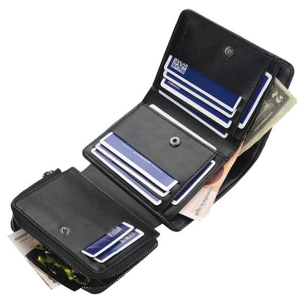 Wallet Men PU Leather Trifold Zippered Multi Card Design