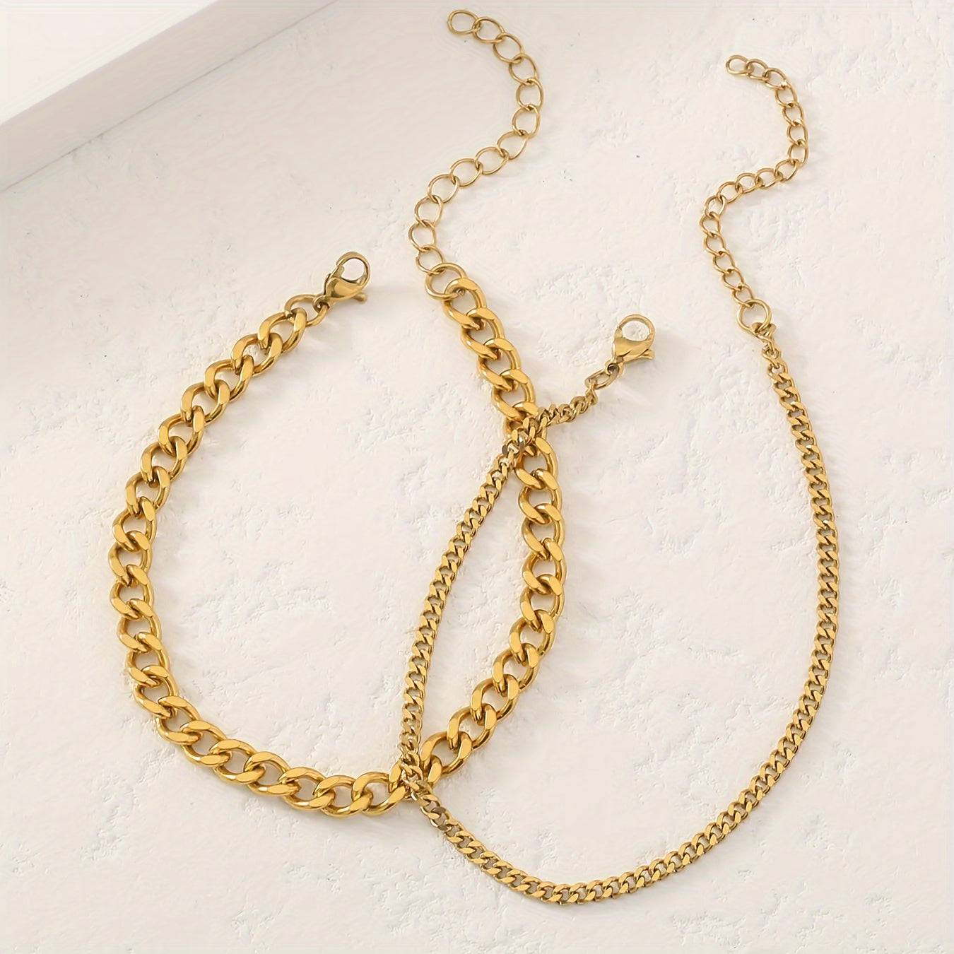 2-Piece Stainless Steel Women’s Anklet Set Double-Layer Cuban Chain for Daily Wear & Vacation