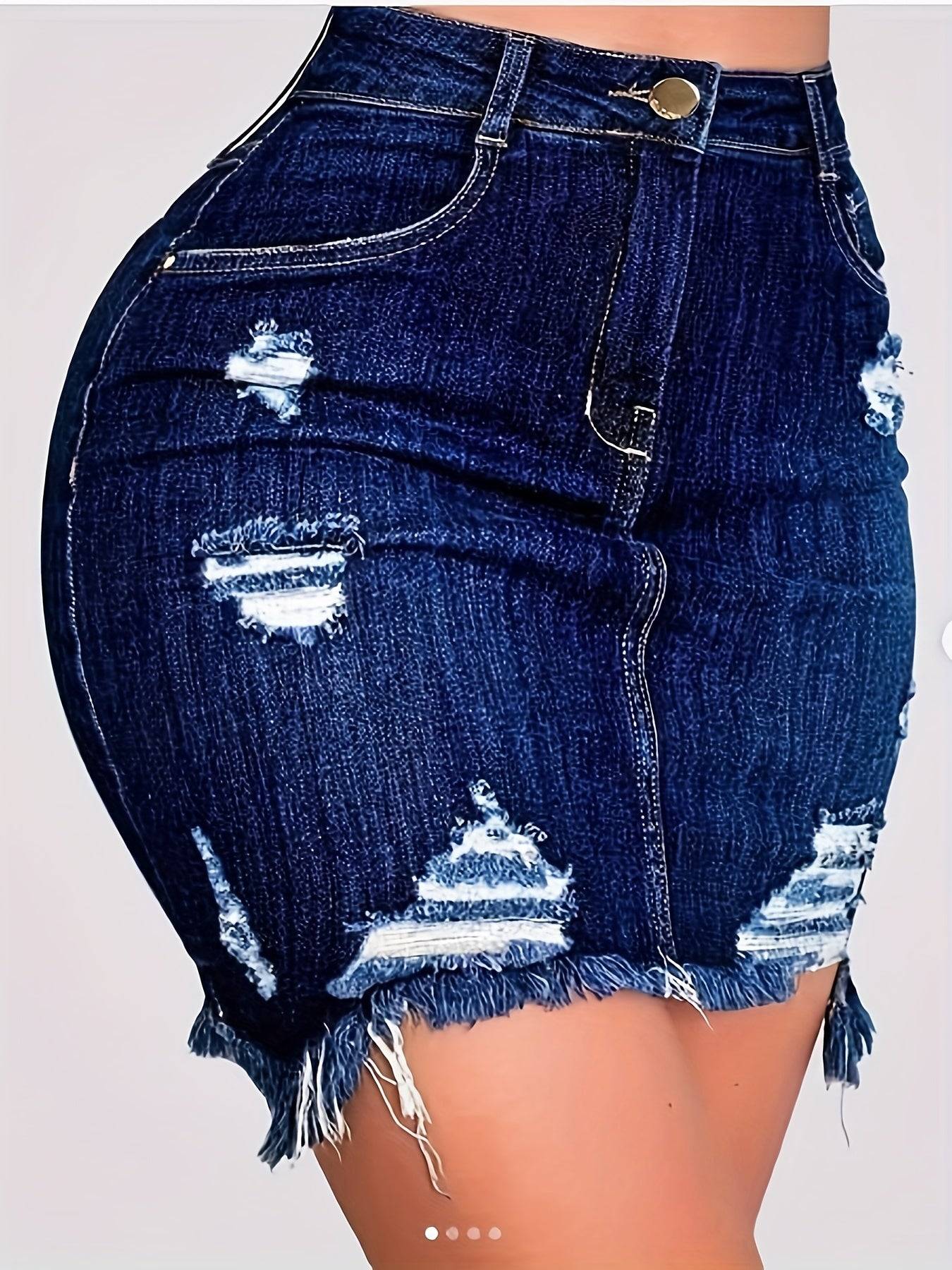 Blue washed high-waisted denim skirt featuring frayed hem and distressed accents, ideal for casual 3-season outfits in women's apparel.