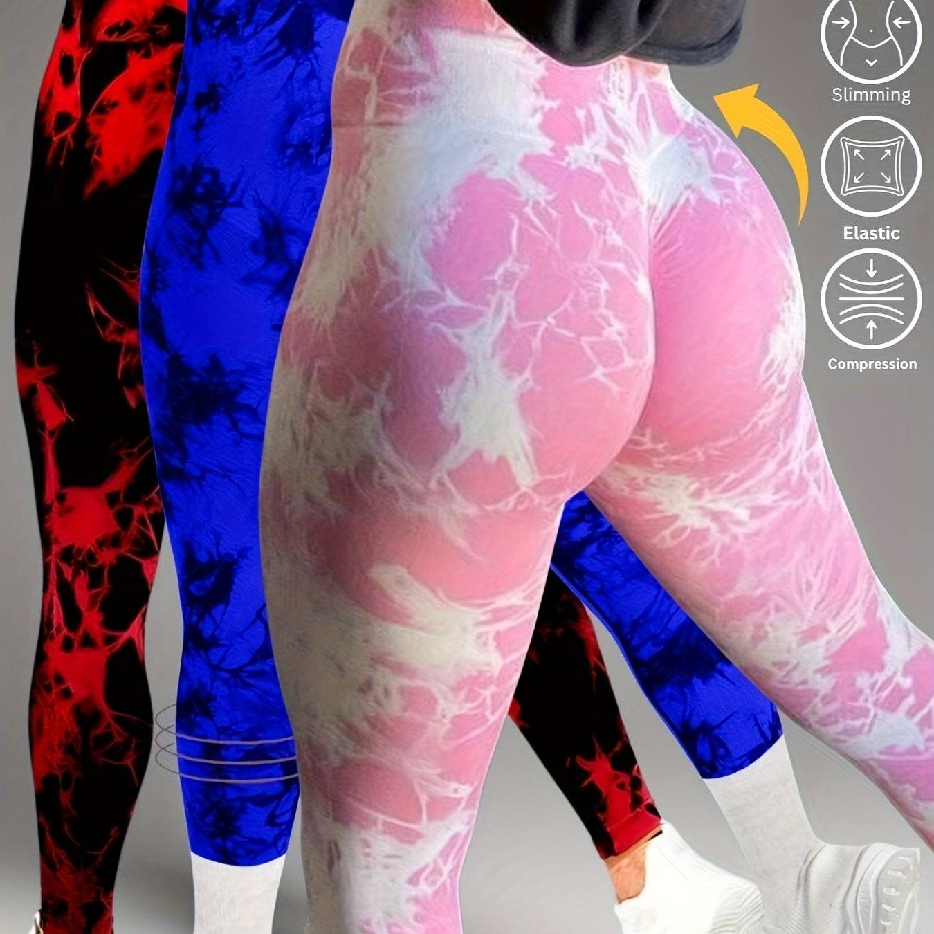 3-Pack Women's High-Waisted Tie-Dye Leggings, Seamless Butt-Lifting Tummy Control Pants with Wide Waistband, Compression Fit for Gym and Daily Wear