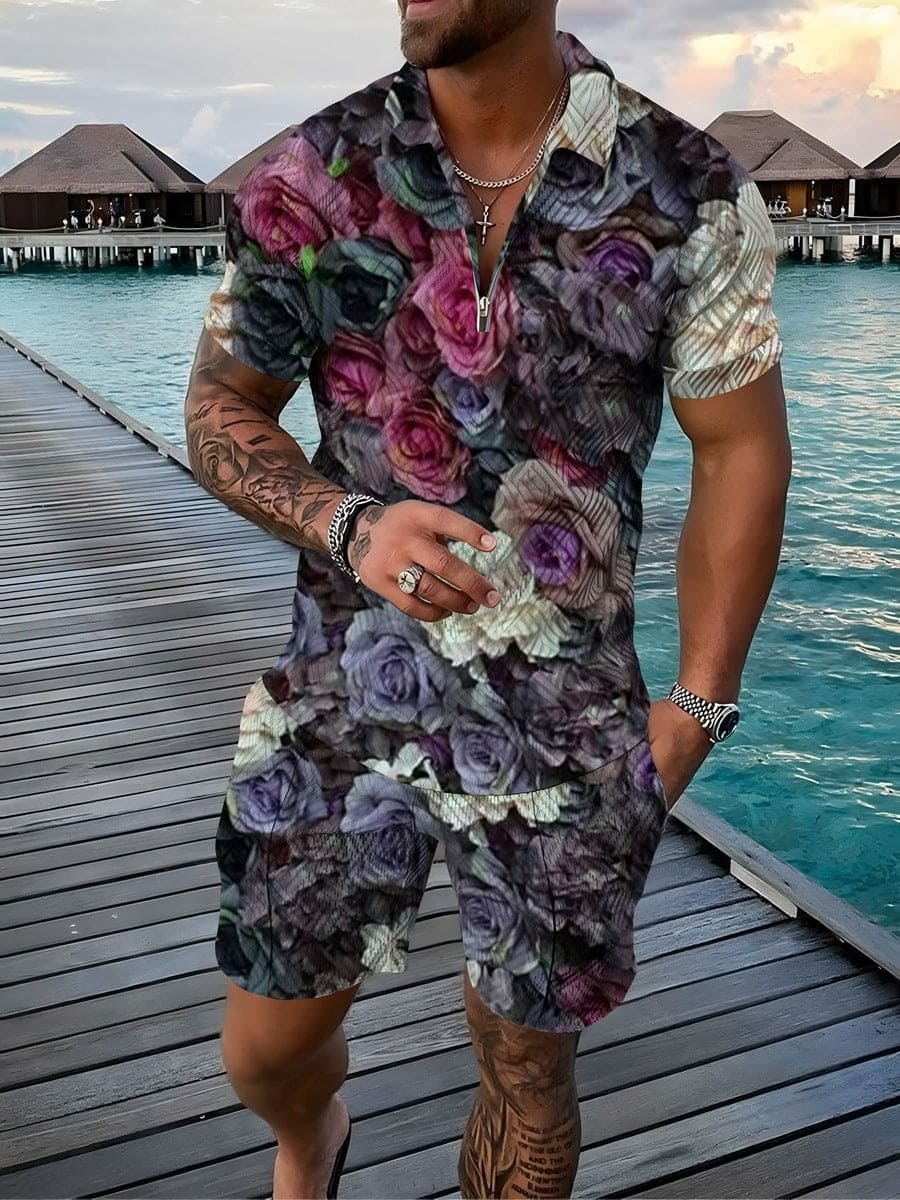 Floral Polo Shirt Suit Lapel Short Sleeve Shorts - PMMNAPOLES