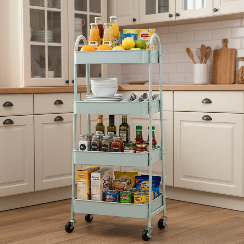 4 Tier Rolling Metal Storage Cart With Lockable Wheels