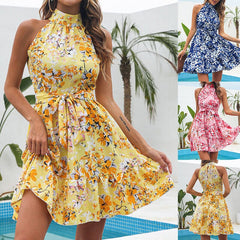 New Flowers Print Halterneck Dress Summer Fashion Temperament Lace-up Ruffled Dresses For Women - PMMNAPOLES