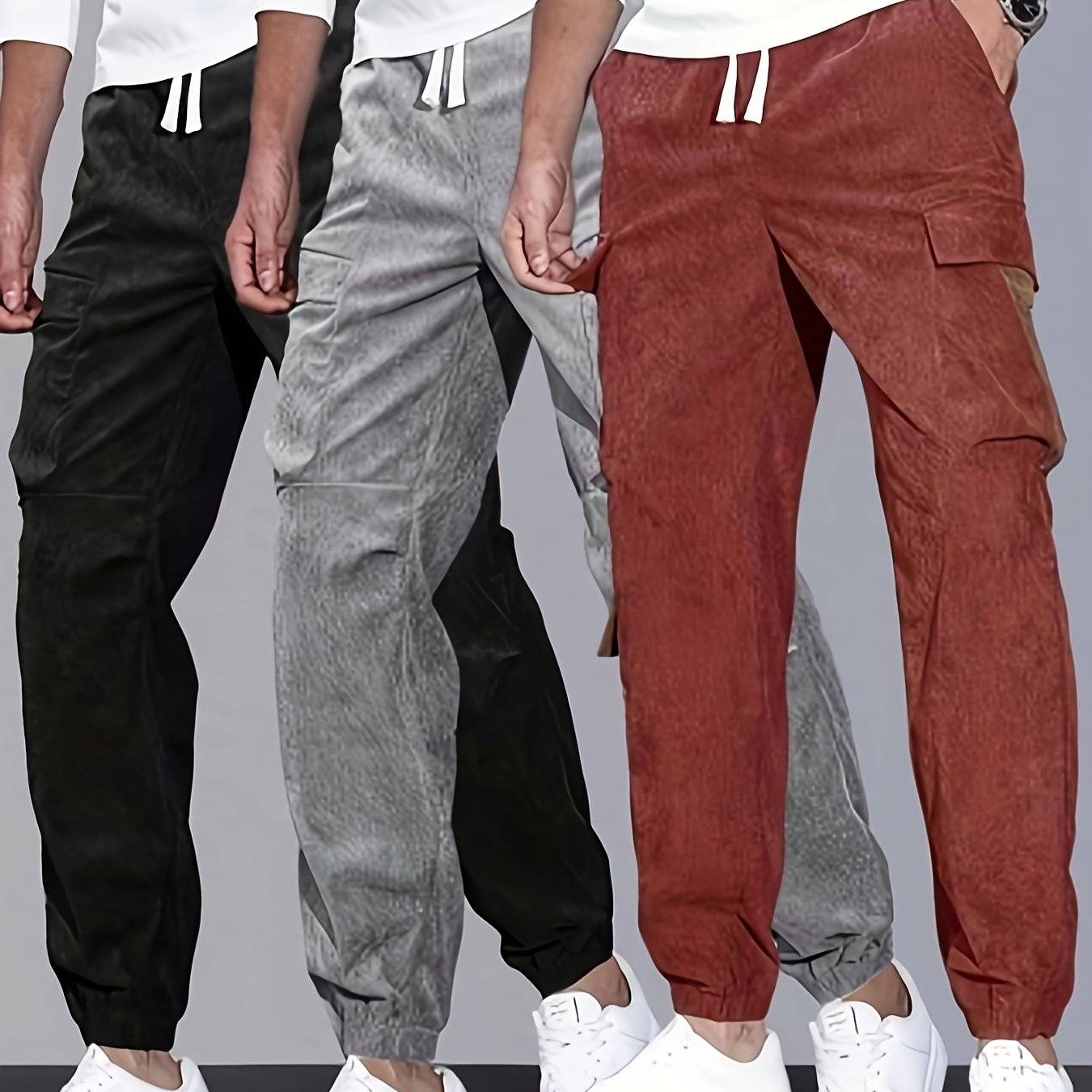 Men's Velvet Cargo Pants 3-Pack – Solid Color, Pockets, Casual & Warm for Fall/Winter