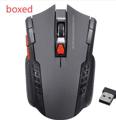 Boxed gray wireless mouse with USB receiver and ergonomic grip, featuring adjustable DPI for gaming and computer use.