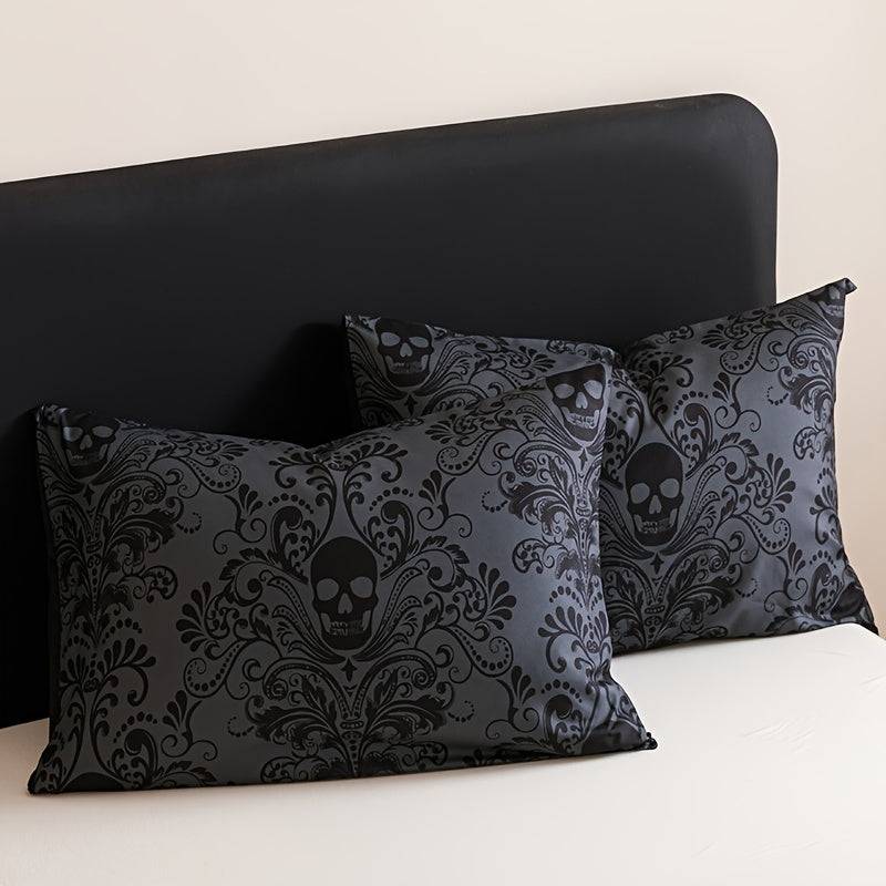 Gothic Skull Quilt Set 3-Piece – Black & Gray Baroque Comforter with Pillowcases, 180gsm Padded