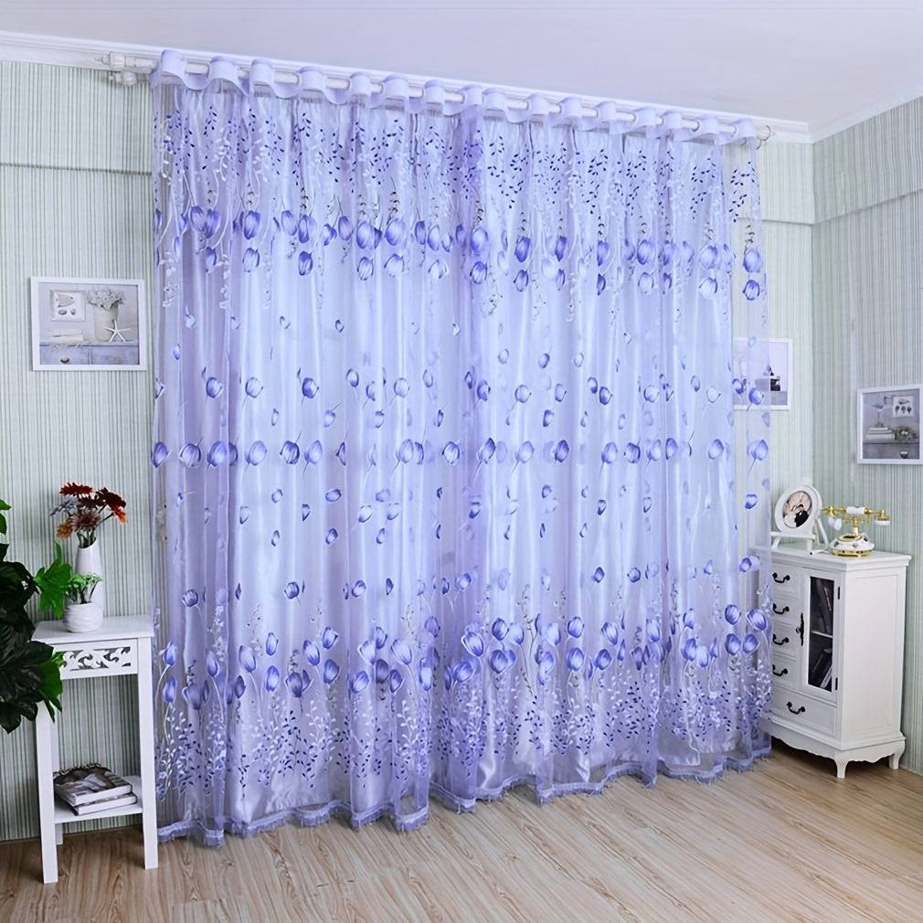 2-Panel Tulip Curtains for Living Room 79-Inch, Elegant Sheer Chiffon Drapes with Spring Flower Print & Rod Pocket Top for Bedroom & Balcony
