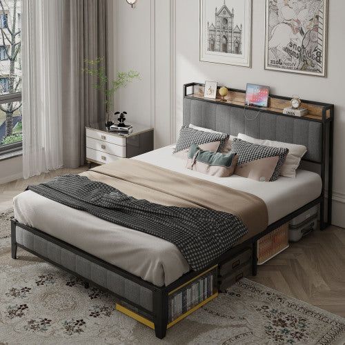 Queen Bed Frame with Charging Station and Upholstery