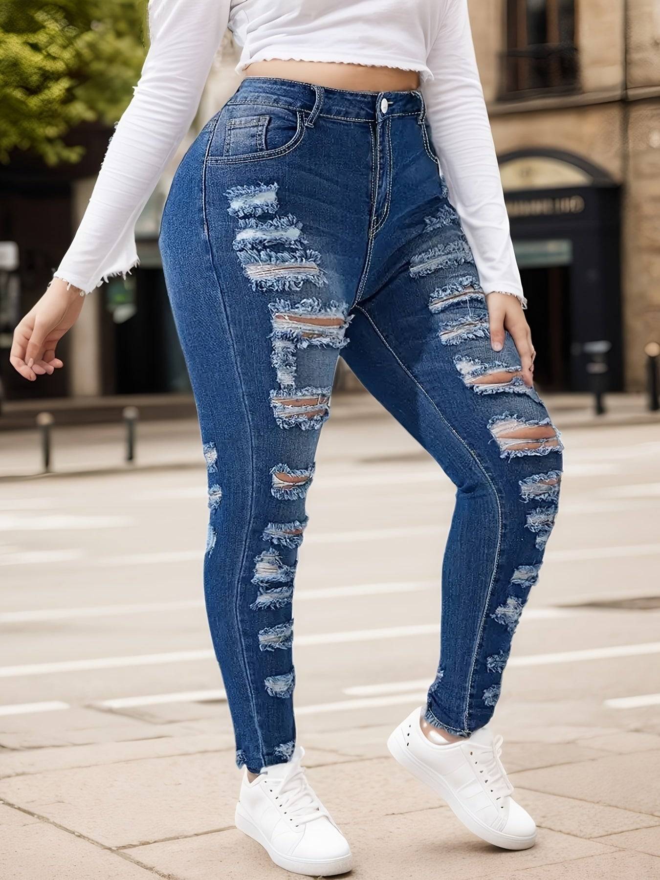 Women High Waisted Ripped Wide Leg Jeans