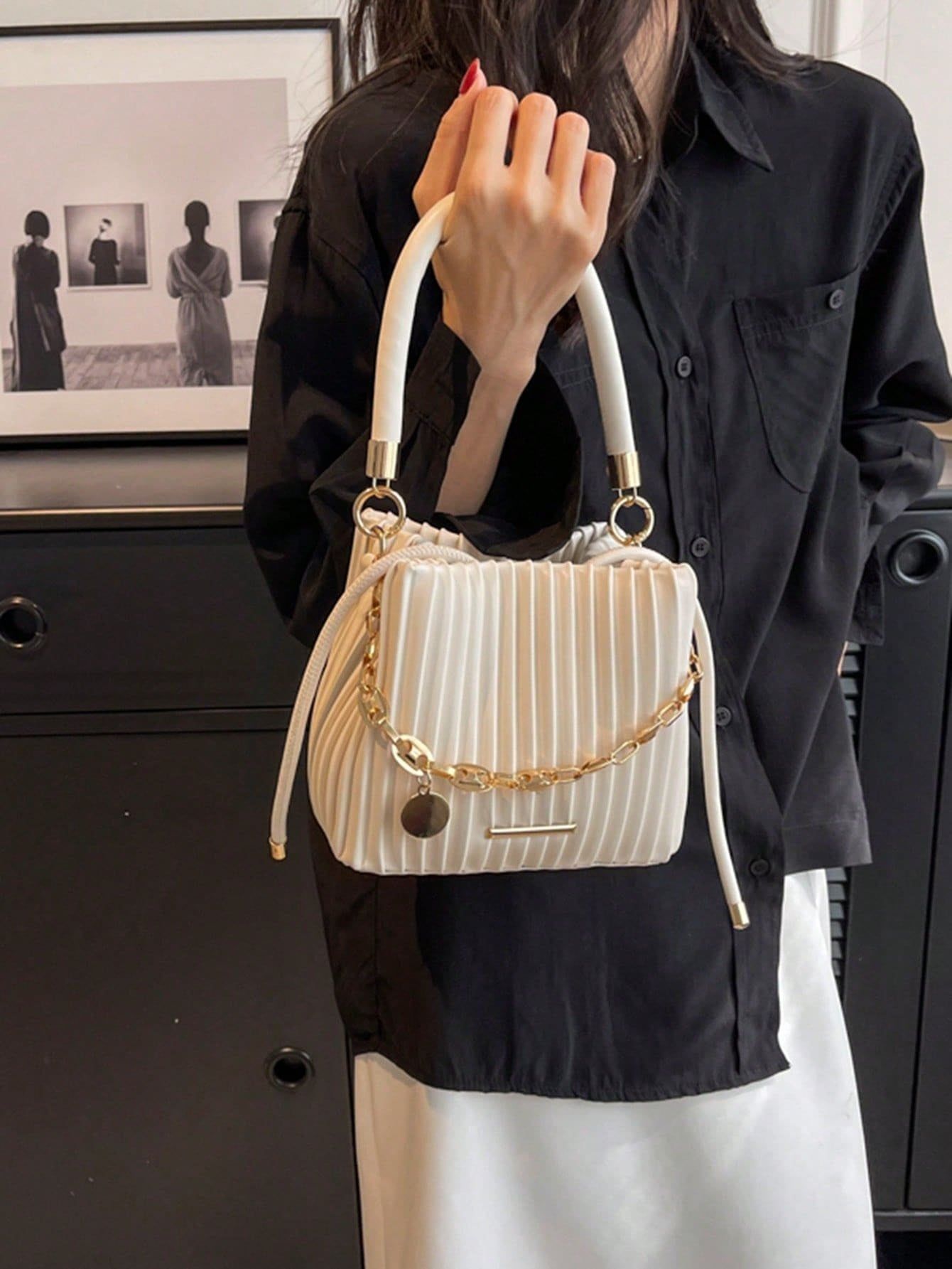 Women Tote Bag Pleated Chain Bucket Shoulder Handbag