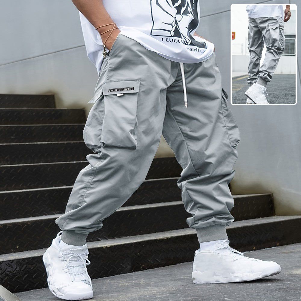 Mens Loose Fit Cargo Pants with Drawstring and Multi Pockets