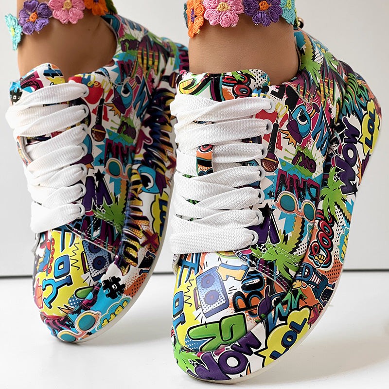 Geometric Print Sneakers With Lace Up Style And Thick Sole