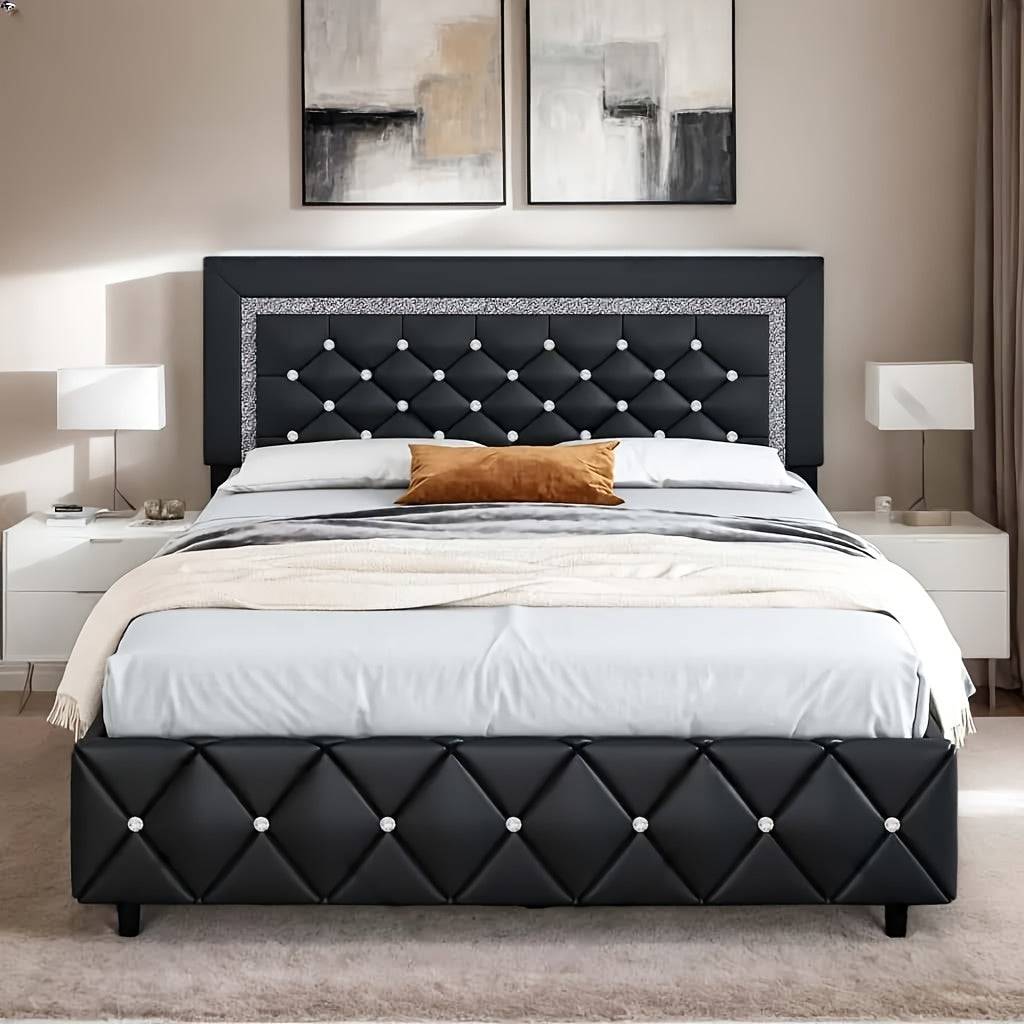 Upholstered Platform Bed Frame with Button Tufted Diamond Headboard, Padded Design, Wooden Slat Support, Easy Assembly