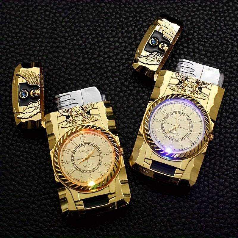 Retro Watch-Style Torch Lighter Windproof Refillable Metal Butane with Compass & Roman Numerals Golden Green Accents for Outdoor Use