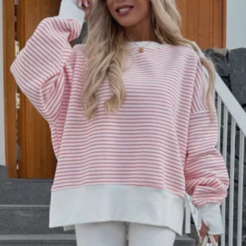 Striped Long Sleeve Sweatshirts with Side Slit Design