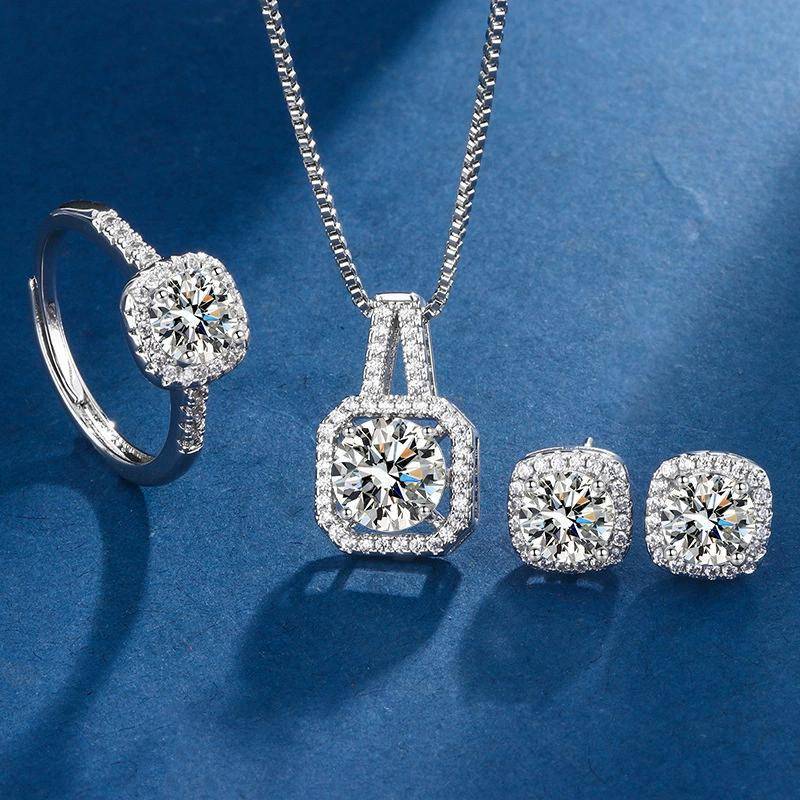 Women's 4-Piece Rectangular Zirconia Jewelry Set, Silver-Plated Earrings, Necklace and Ring, Elegant Luxury Gift for Weddings and Special Occasions