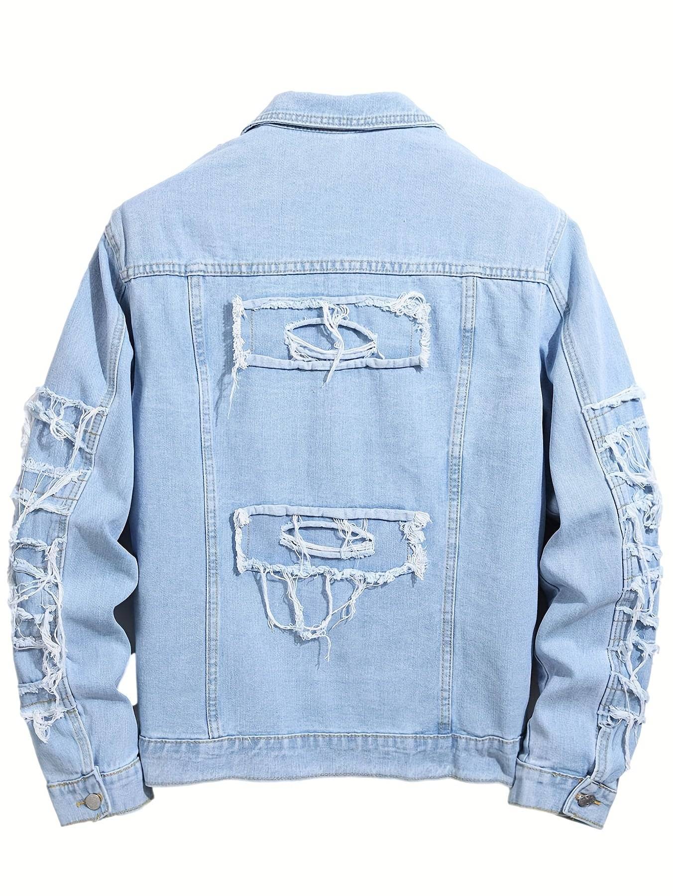Men’s Ripped Denim Jacket Slim Fit Blue Jean Outerwear Casual Streetwear Coat
