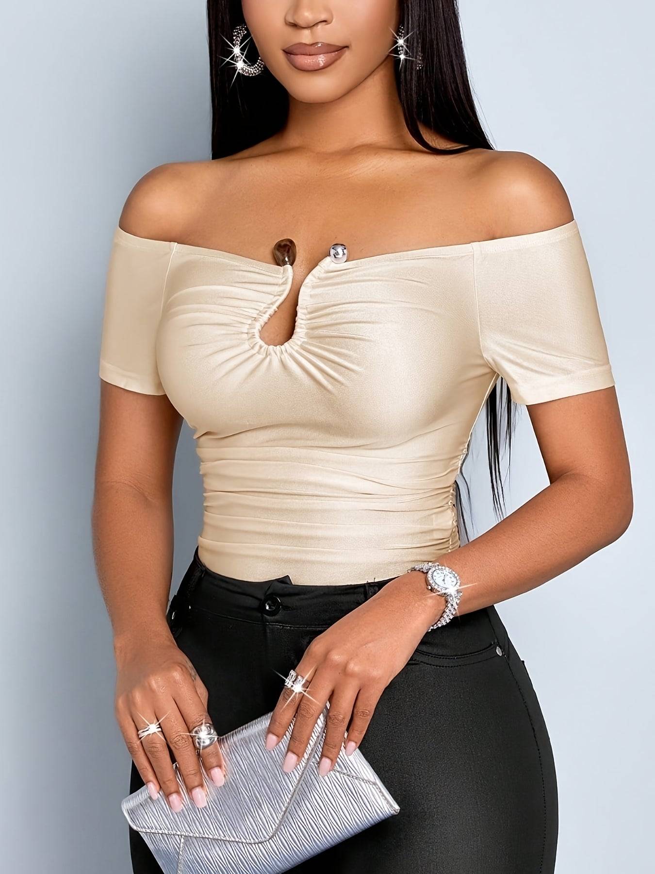 Women’s Notch Collar Blouse – Elegant Beige Top with Nontransparent Fabric for Office, Party & Everyday
