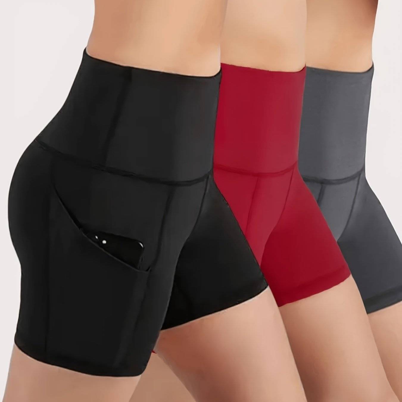 3-Pack Women’s High-Waist Workout Shorts with Pockets, Breathable Stretch Fabric, Non-See-Through Tight Fit for Running & Fitness