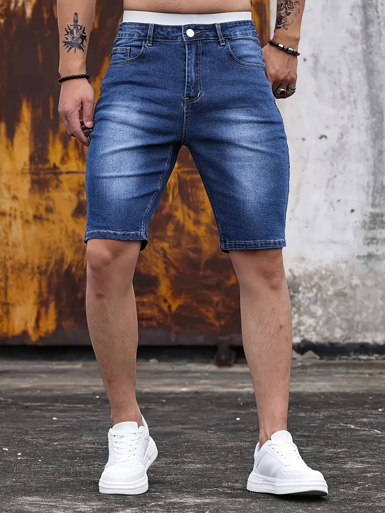 Men’s Slim Fit Dark Blue Denim Shorts Knee-Length Straight Leg Multiple Pockets Mid-Stretch Fabric for Outdoor & Casual Wear
