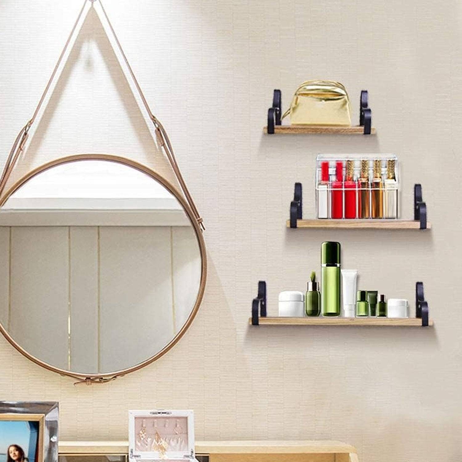 Wooden Floating Shelves with Iron Wall Brackets Set