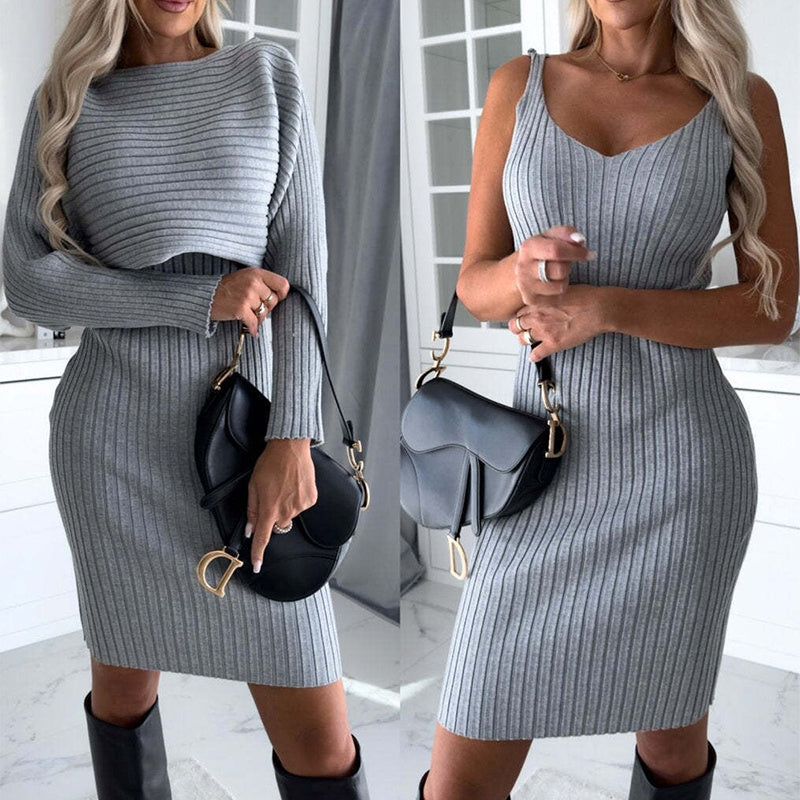 Two Piece Set Long Sleeve Top and Suspender Midi Skirt