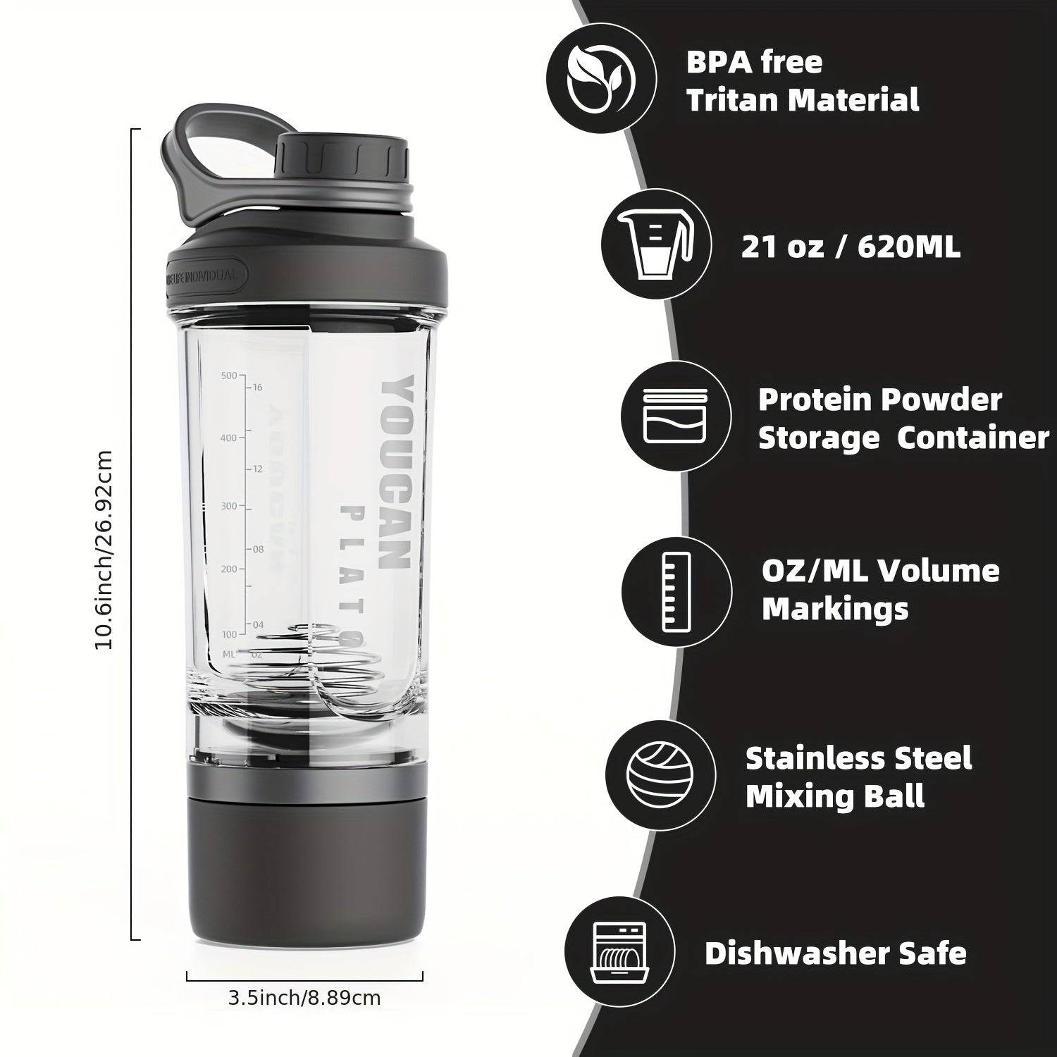 21oz Tritan protein shaker bottle BPA-free with powder container, wire whisk ball, and mixer cup for gym and shakes