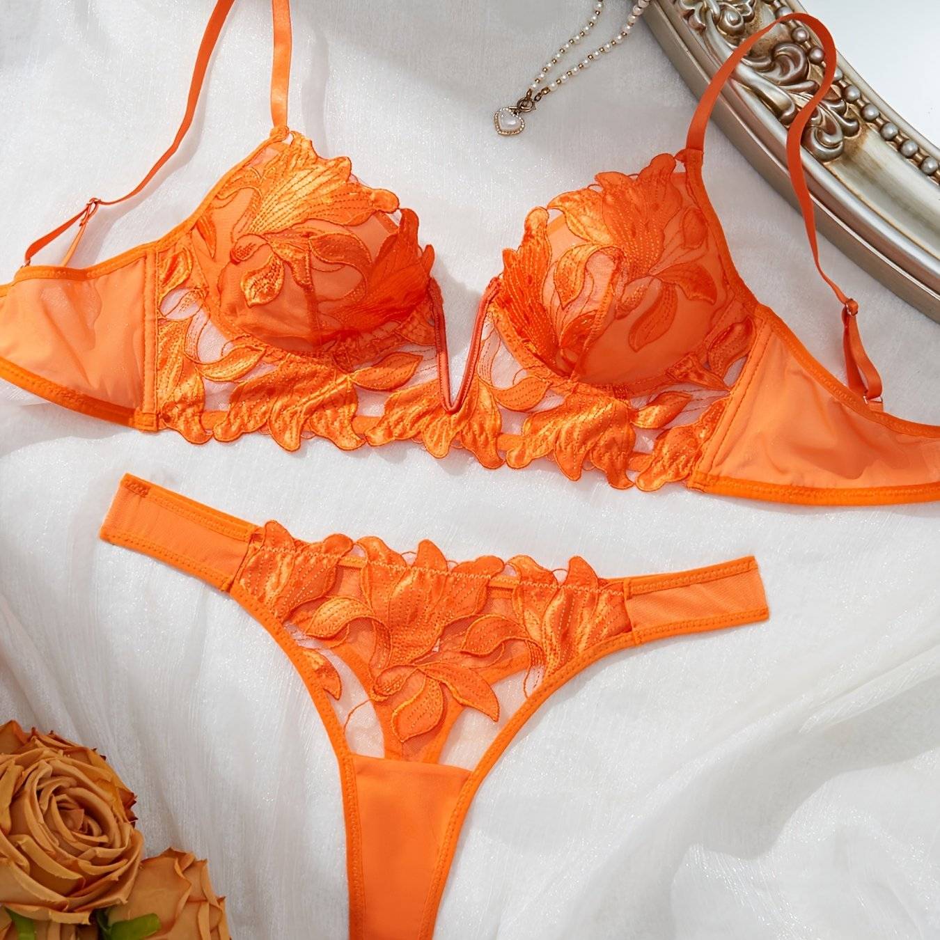 Women's Mesh Floral Embroidery Lingerie Set – Transparent Deep V Bra & Underwear, Elegant Matching Set