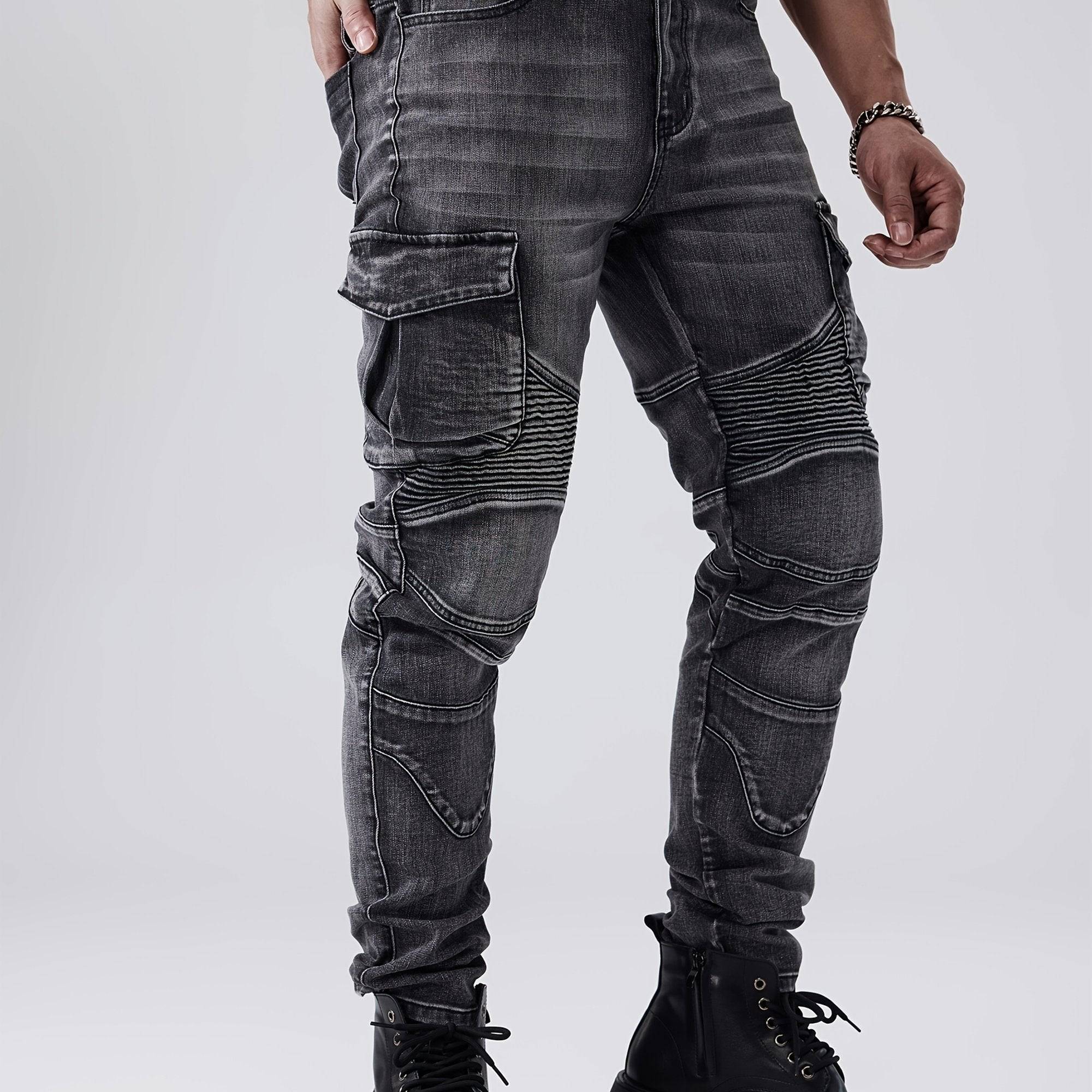 Men’s Slim Fit Stretch Jeans Straight-Leg Multi-Pocket Streetwear with Decorative Stitching